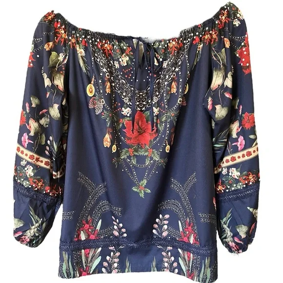 Amazon Women's Blue Floral Off-Shoulder Blouse - Picture 2 of 3